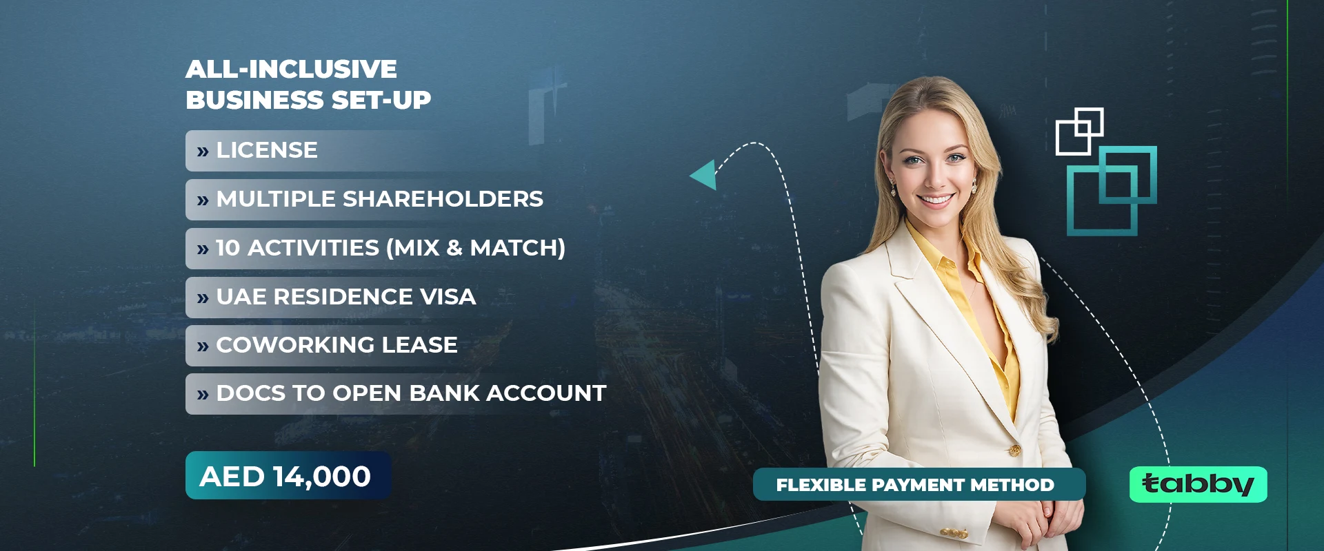 All-inclusive business set-up: license, multiple shareholders, 10 activities, UAE residence visa, coworking lease and documents to open a bank account. AED 14,000, flexible payment method.